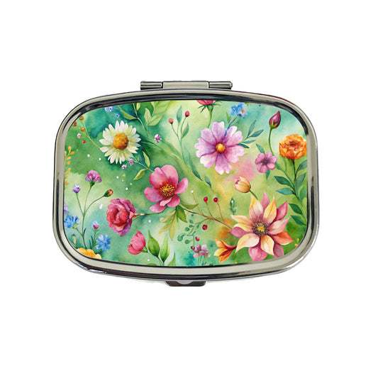 Flowers Green Background Watercolor Travel Pill Box Case