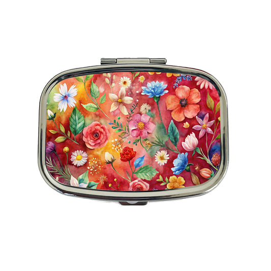 Flowers Red Background Watercolor Travel Pill Box Case