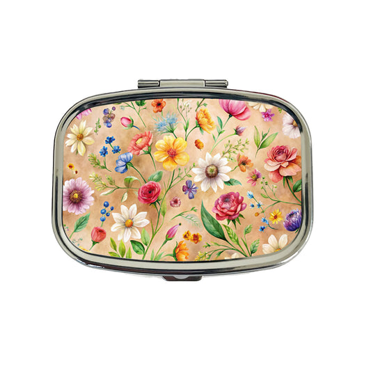 Flowers Tan Background Watercolor Travel Pill Box Case