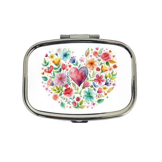 Hearts Flowers Watercolor Travel Pill Box Case