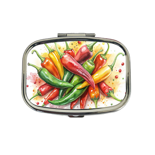 Hot Peppers Jalapenos Spicy Watercolor Travel Pill Box Case