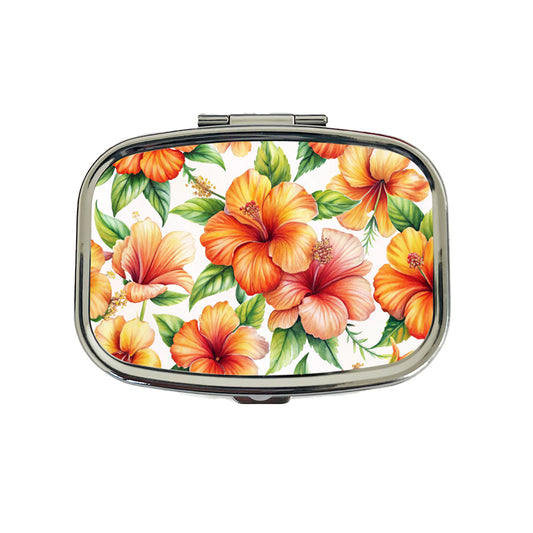 Orange Hibiscus Flowers Watercolor Travel Pill Box Case