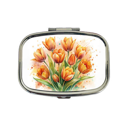 Orange Tulips Flowers Watercolor Travel Pill Box Case