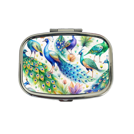 Peacocks Beautiful Birds Watercolor Travel Pill Box Case