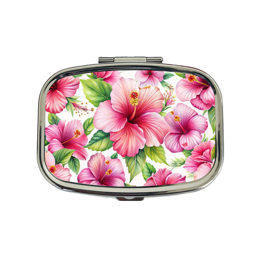 Pink Hibiscus Tropical Flowers Watercolor Travel Pill Box Case
