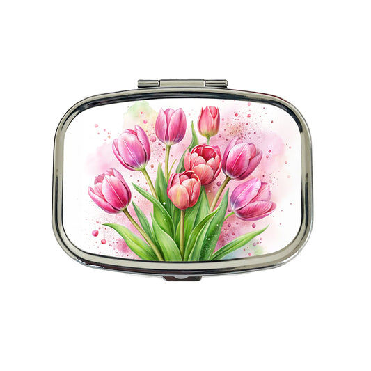 Pink Tulips Flowers Watercolor Travel Pill Box Case