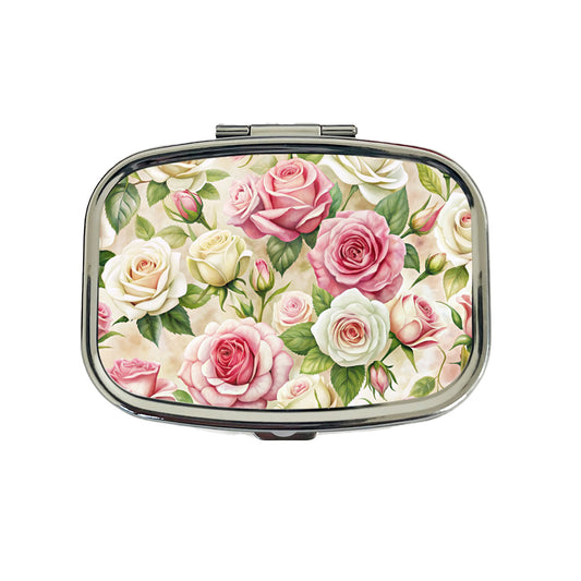Pink White Roses Flowers Watercolor Travel Pill Box Case