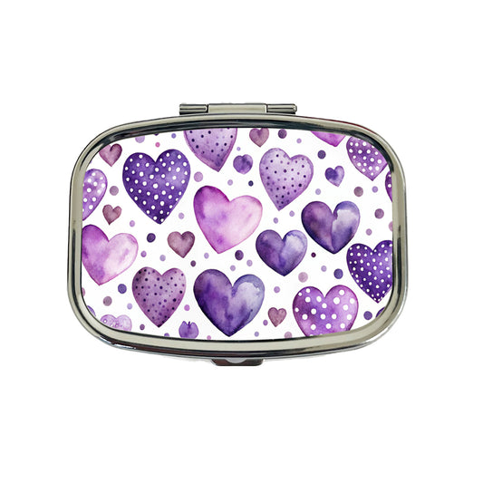 Purple Hearts Polka Dots Watercolor Travel Pill Box Case