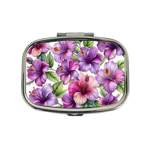 Purple Hibiscus Flowers Watercolor Travel Pill Box Case