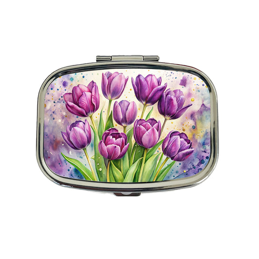 Purple Tulips Flowers Watercolor Travel Pill Box Case