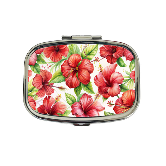 Red Hibiscus Flowers Watercolor Travel Pill Box Case