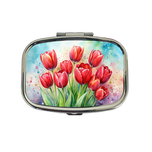 Red Tulips Flowers Watercolor Travel Pill Box Case