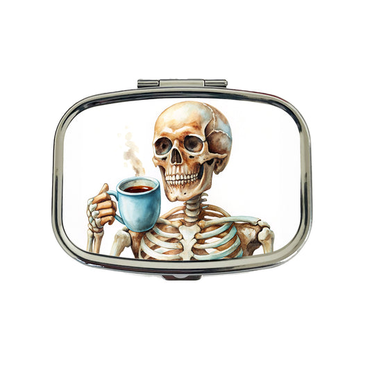 Skeleton Drinking Coffee Watercolor Travel Pill Box Case