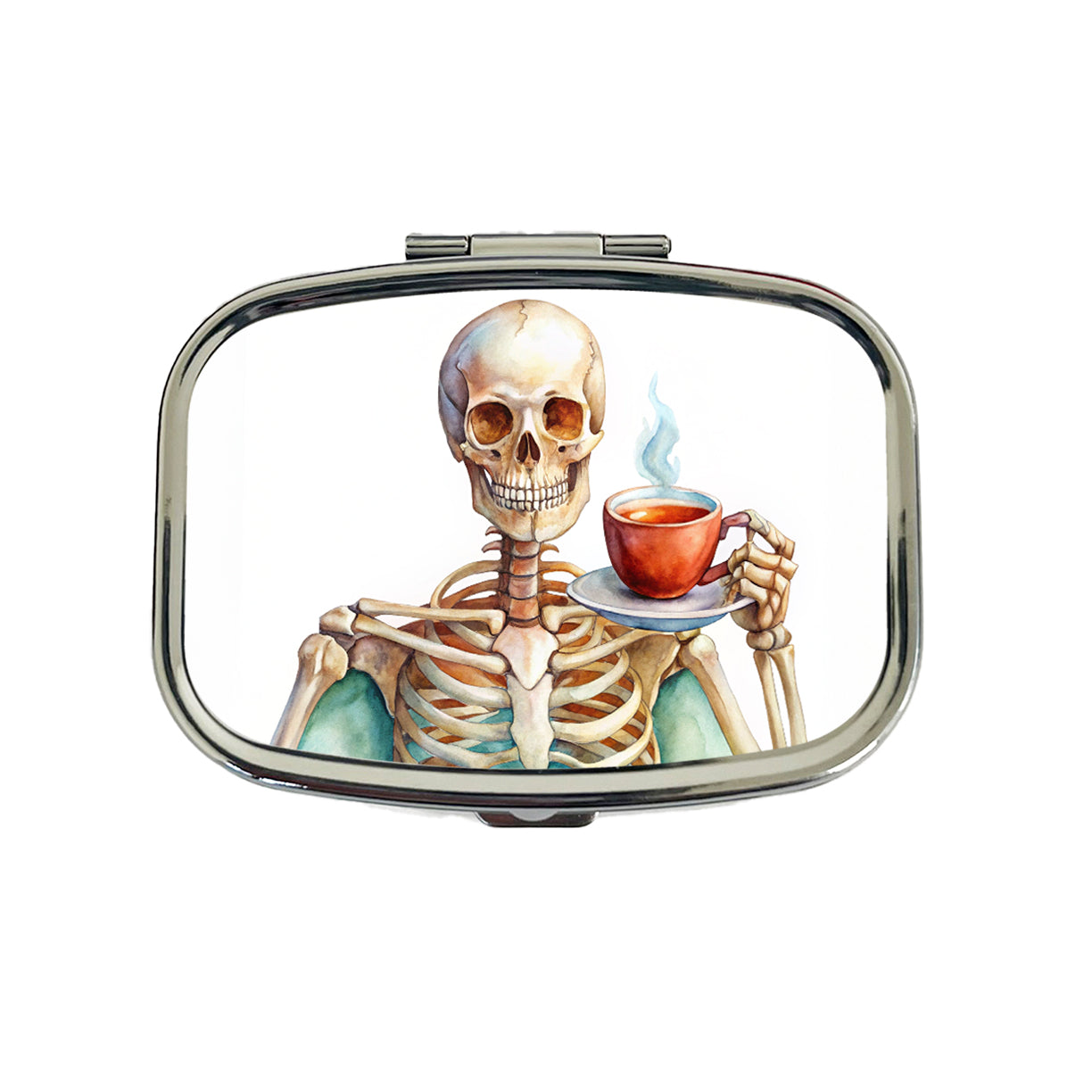 Skeleton Drinking Tea Watercolor Travel Pill Box Case