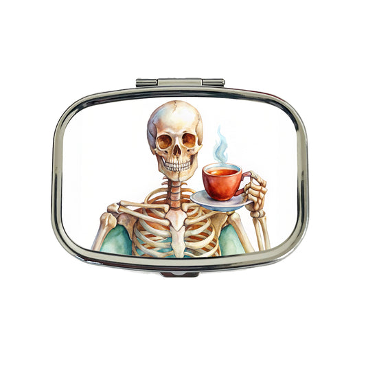 Skeleton Drinking Tea Watercolor Travel Pill Box Case