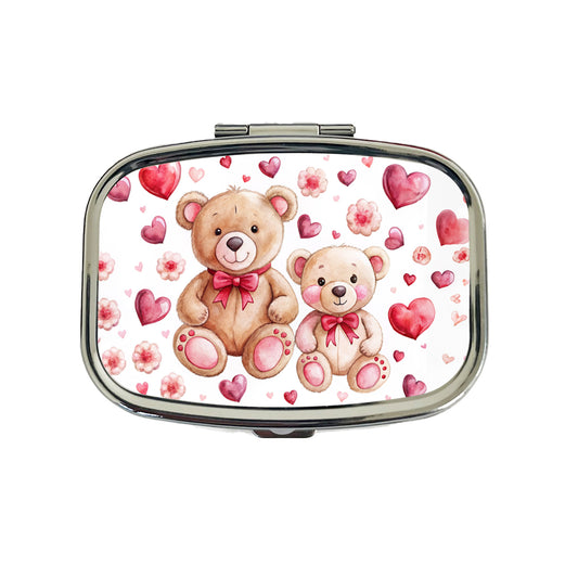 Teddy Bears Pink Red Hearts Travel Pill Box Case
