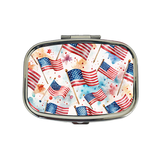 USA American Flags Patriotic Watercolor Travel Pill Box Case