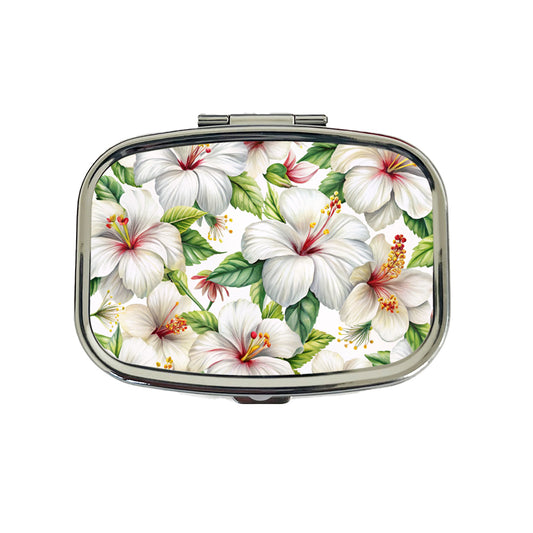 White Hibiscus Flowers Watercolor Travel Pill Box Case