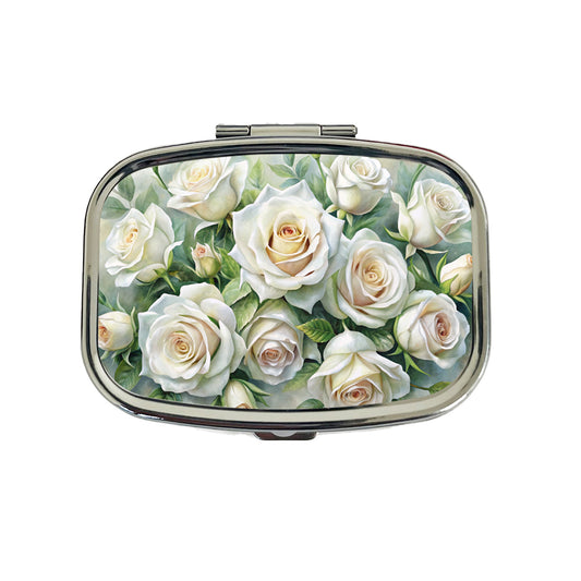 White Roses Flowers Watercolor Travel Pill Box Case