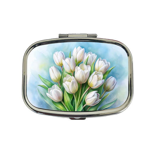 White Tulips Flowers Watercolor Travel Pill Box Case