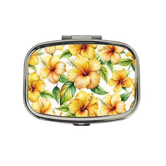 Yellow Hibiscus Flowers Watercolor Travel Pill Box Case