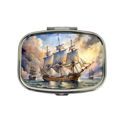 18th Century Sailing War Ship Of The Line Watercolor Travel Pill Box Case