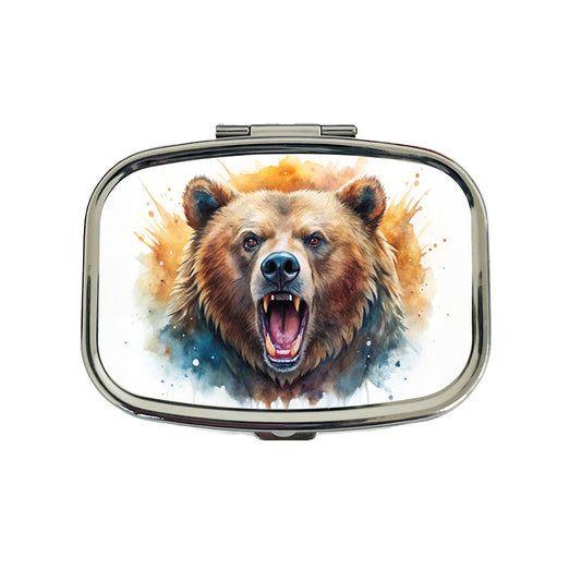 Angry Mad Grizzly Bear Watercolor Travel Pill Box Case