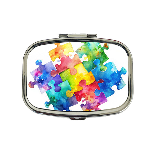 Autism Awareness Acceptance Puzzle Pieces Watercolor Travel Pill Box Case
