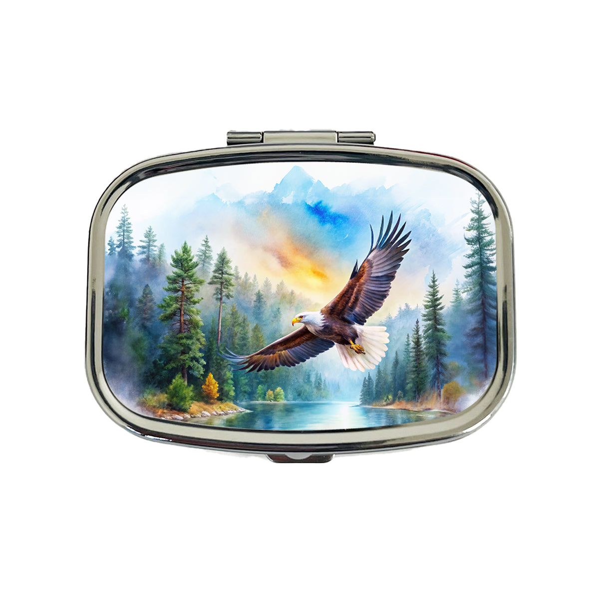 Bald Eagle Flying With Forest Lake Watercolor Travel Pill Box Case