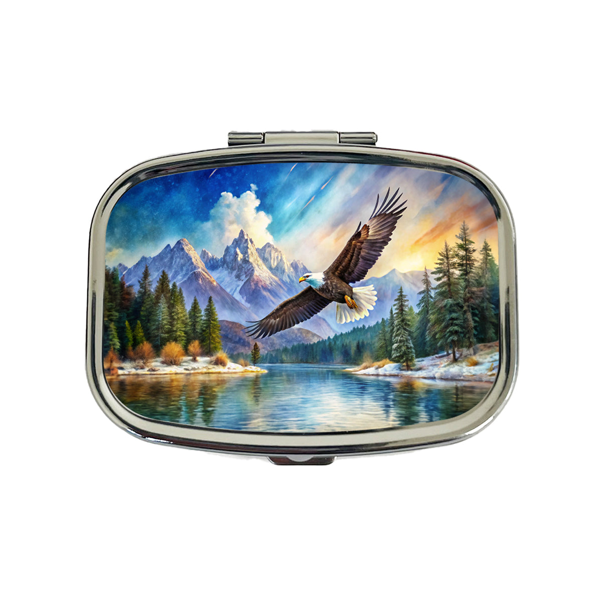 Bald Eagle Flying With Mountains Lake Watercolor Travel Pill Box Case