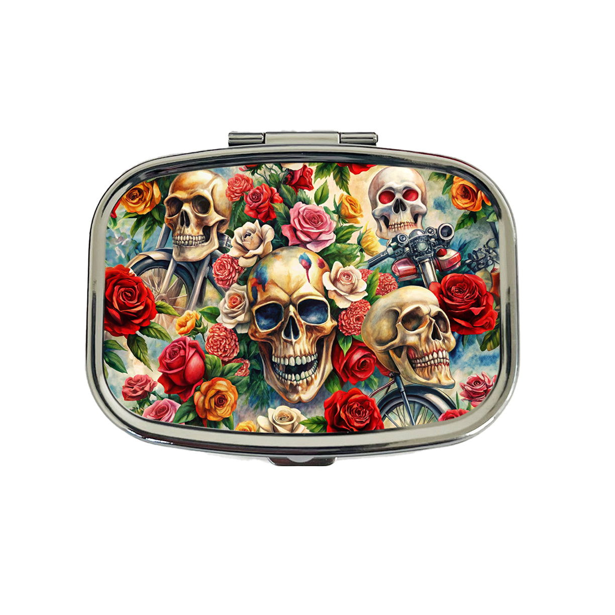 Biker Skulls And Roses Theme Watercolor Travel Pill Box Case