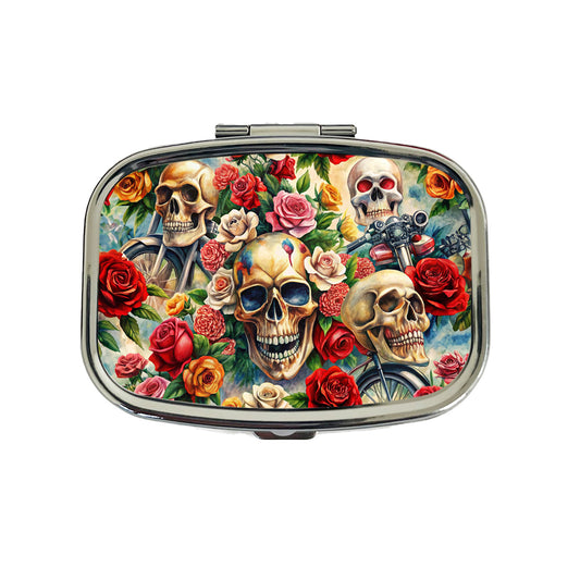 Biker Skulls And Roses Theme Watercolor Travel Pill Box Case