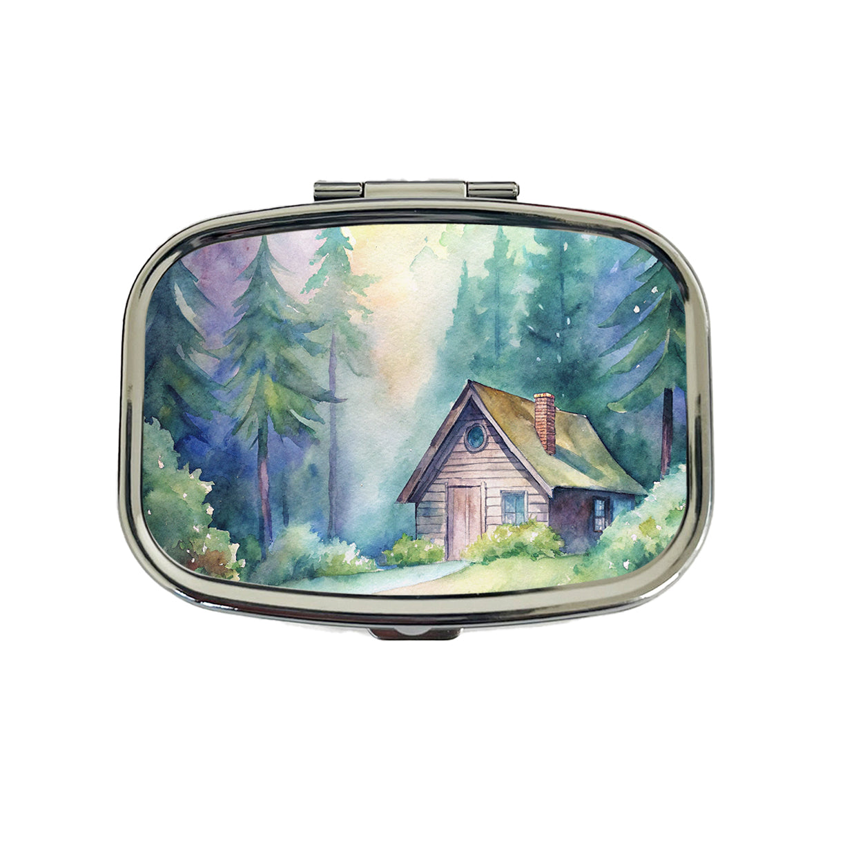 Cabin In The Forest Woods Watercolor Travel Pill Box Case