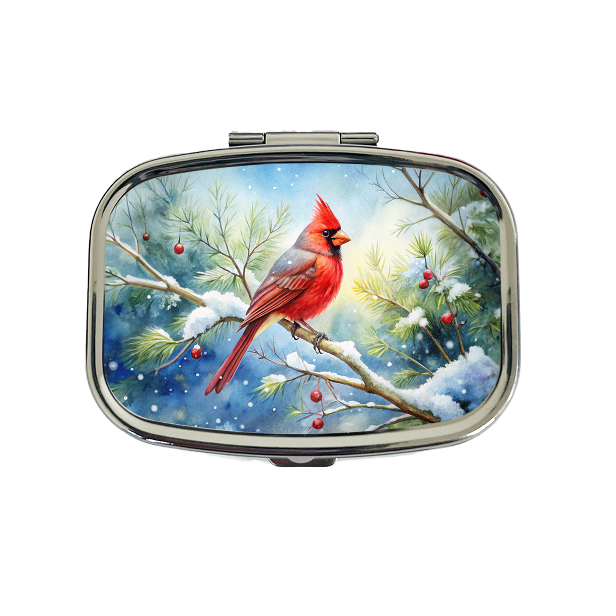 Cardinal In Snowy Tree Winter Watercolor Christmas Travel Pill Box Case