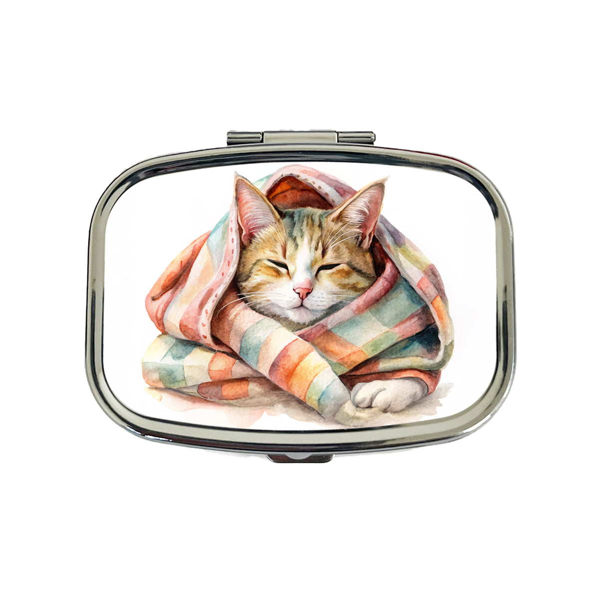 Cat Snuggling In Blanket Watercolor Travel Pill Box Case