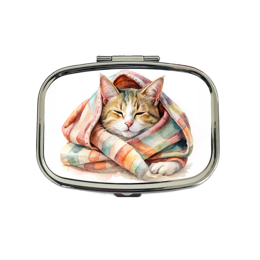 Cat Snuggling In Blanket Watercolor Travel Pill Box Case