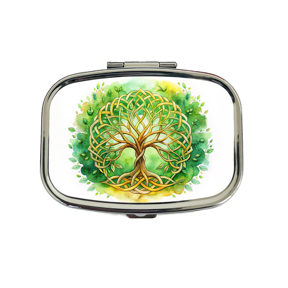 Celtic Irish Tree Of Life Knots Green And Golden Watercolor Travel Pill Box Case
