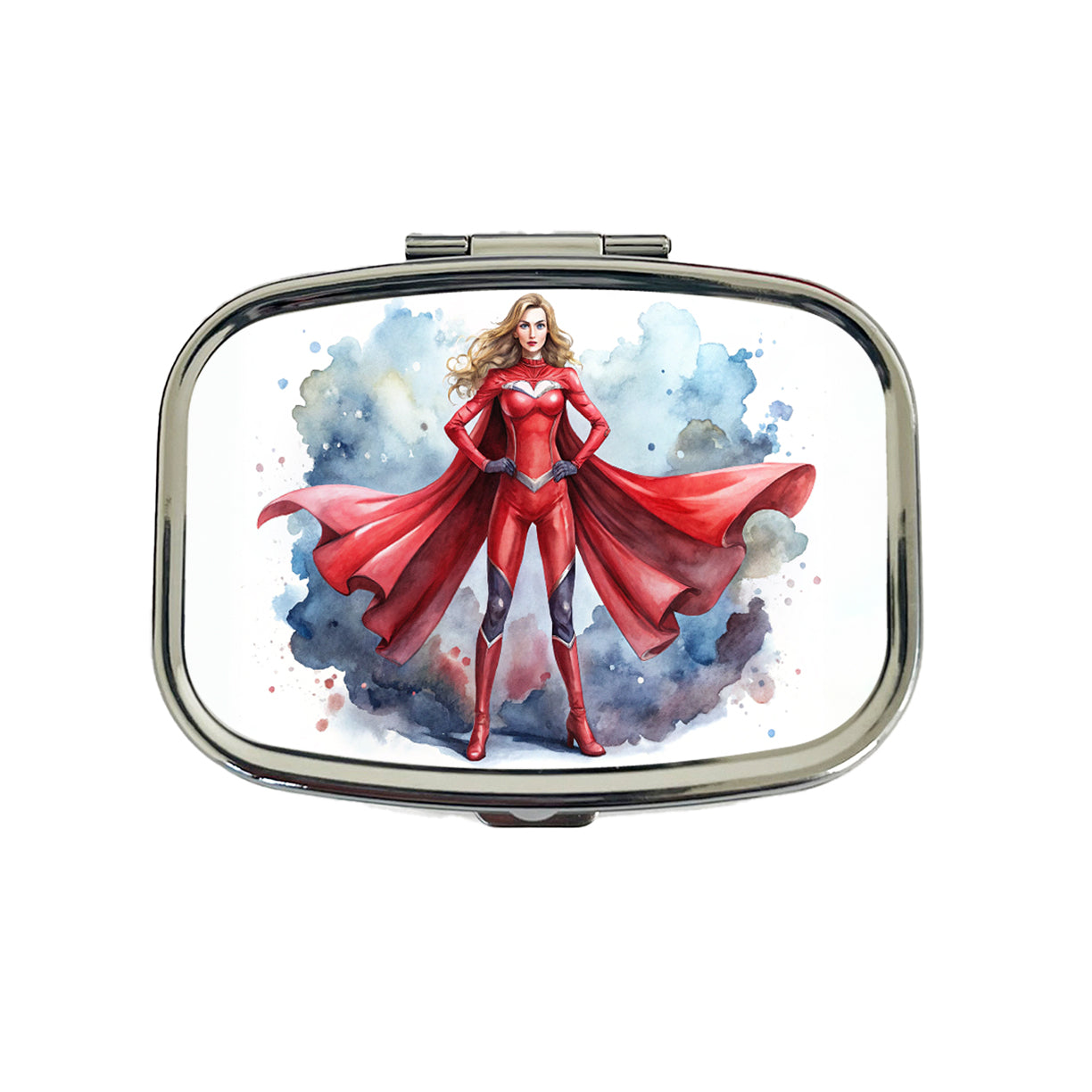 Classic Female Superhero With Red Costume Watercolor Travel Pill Box Case