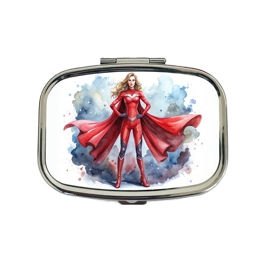 Classic Female Superhero With Red Costume Watercolor Travel Pill Box Case