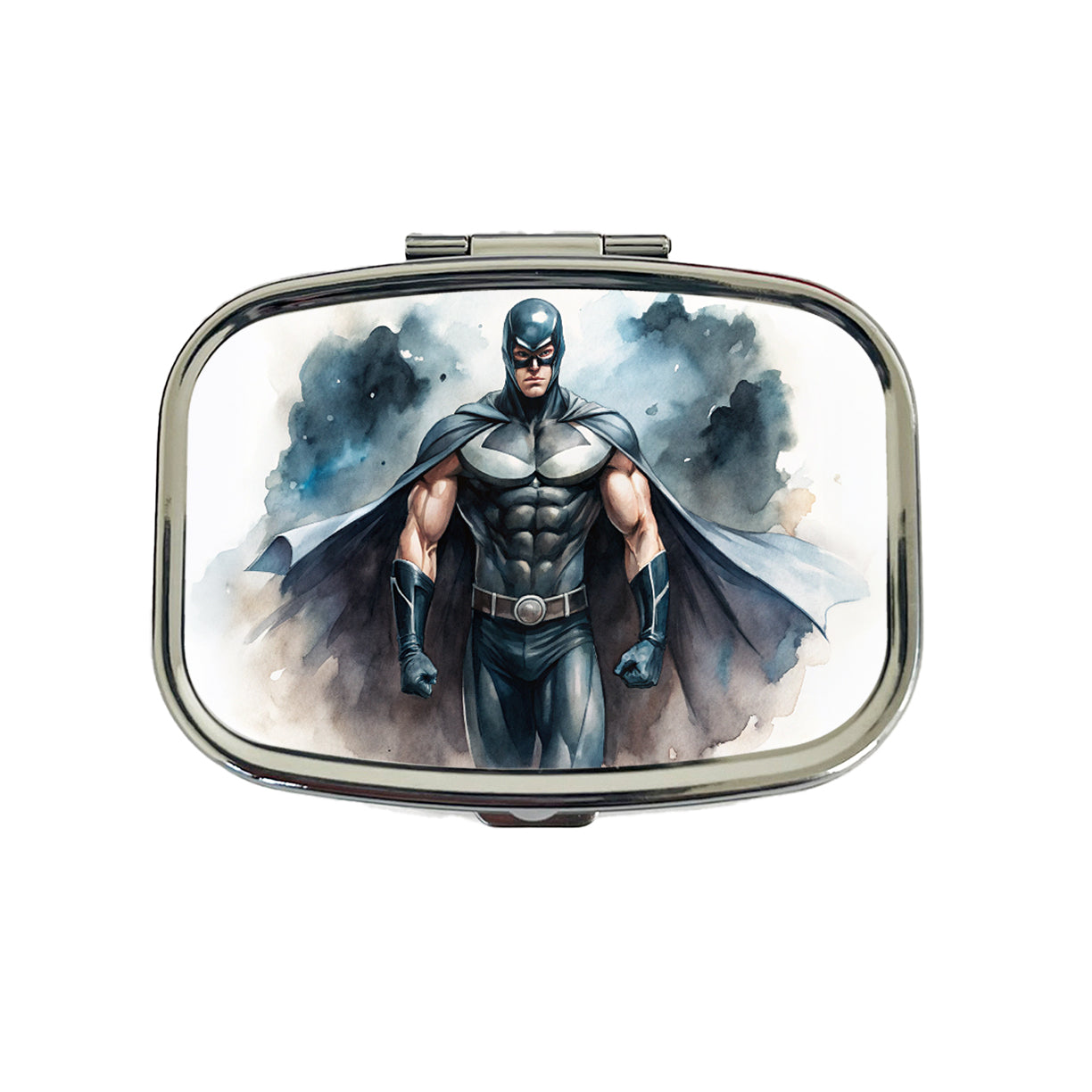 Classic Masked Superhero With Black Costume Watercolor Travel Pill Box Case