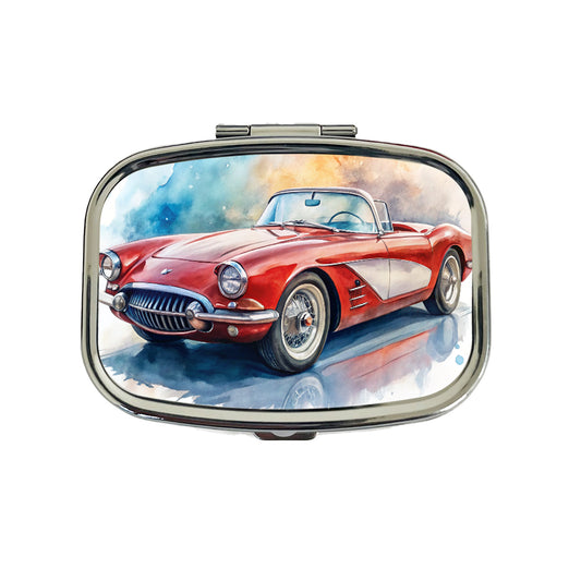 Classic Vintage Red White Sports Car Watercolor Travel Pill Box Case