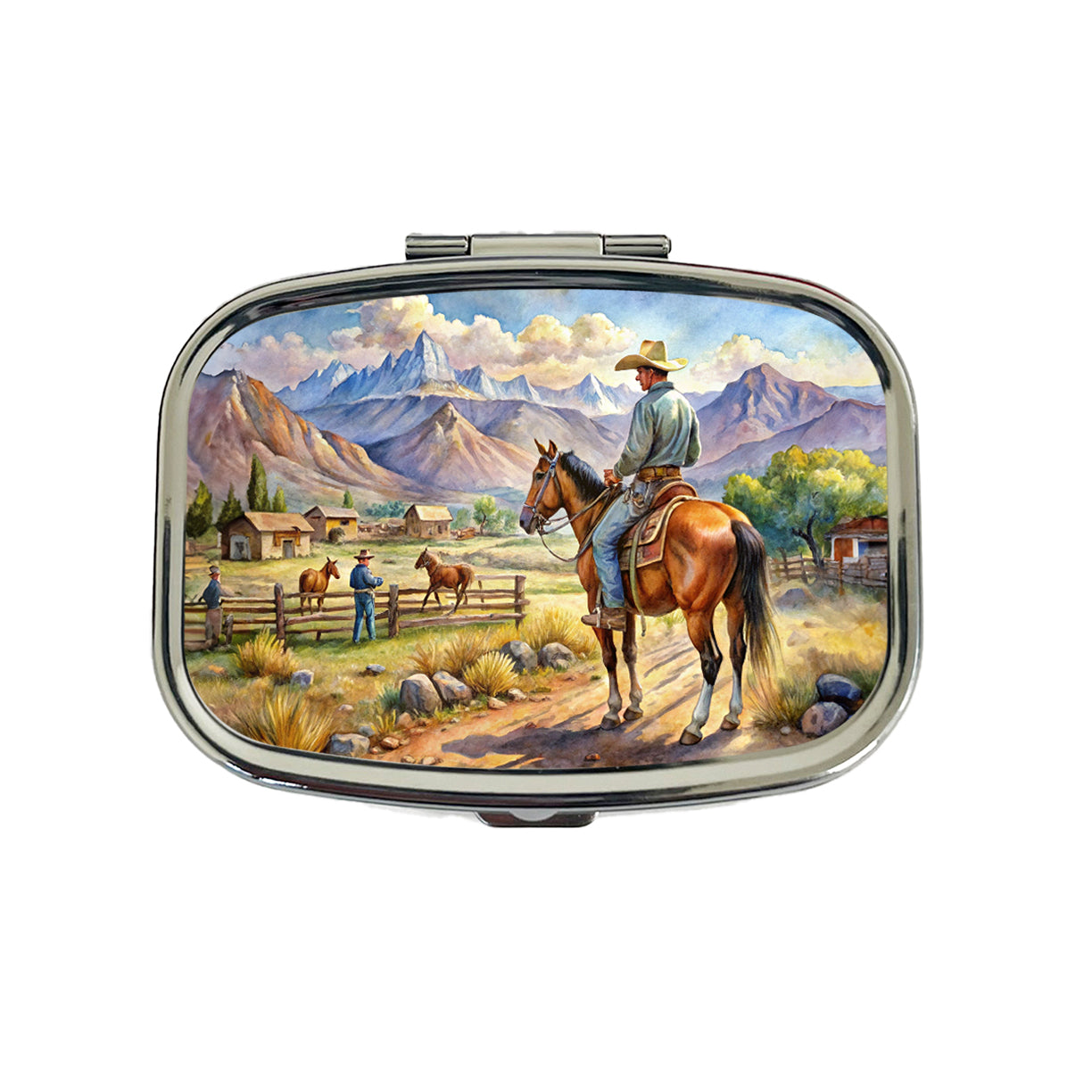 Cowboys Western Ranch Scene Watercolor Travel Pill Box Case