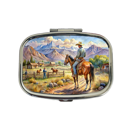 Cowboys Western Ranch Scene Watercolor Travel Pill Box Case