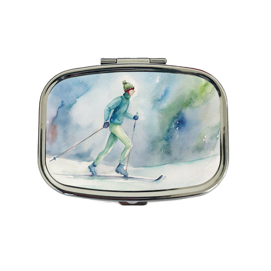 Cross Country Skiing Watercolor Travel Pill Box Case