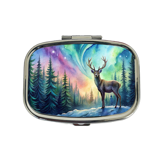 Deer And Northern Lights Watercolor Travel Pill Box Case