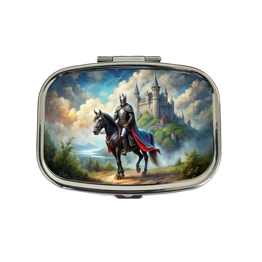 Fantasy Black Knight Astride Horse Outside Castle Watercolor Travel Pill Box Case