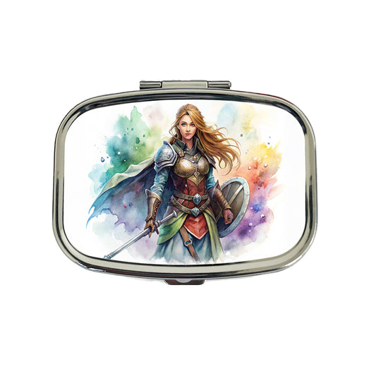 Fantasy Female Fighter Sword Shield-maiden Watercolor Travel Pill Box Case