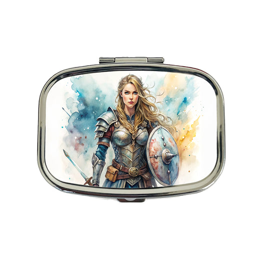 Fantasy Female Warrior Knight Watercolor Travel Pill Box Case