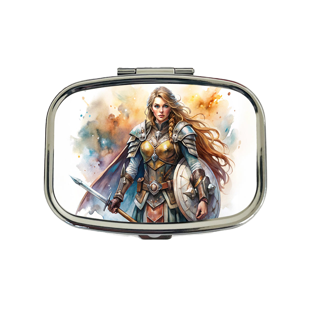 Fantasy Female Warrior Paladin Watercolor Travel Pill Box Case