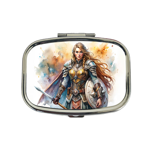Fantasy Female Warrior Paladin Watercolor Travel Pill Box Case